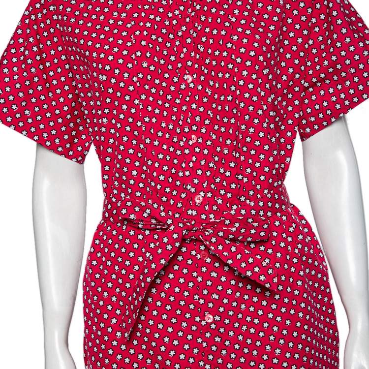مملوكة مسبقًا Burberry Red Printed Cotton Belted Shirt Dress M 