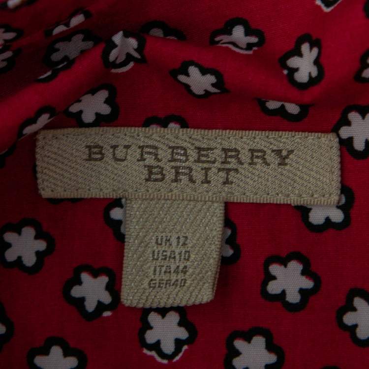 مملوكة مسبقًا Burberry Red Printed Cotton Belted Shirt Dress M 