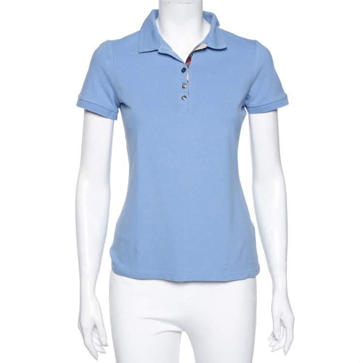 مملوكة مسبقًا Burberry Blue Cotton Pique Novacheck Trimmed Polo T-Shirt S