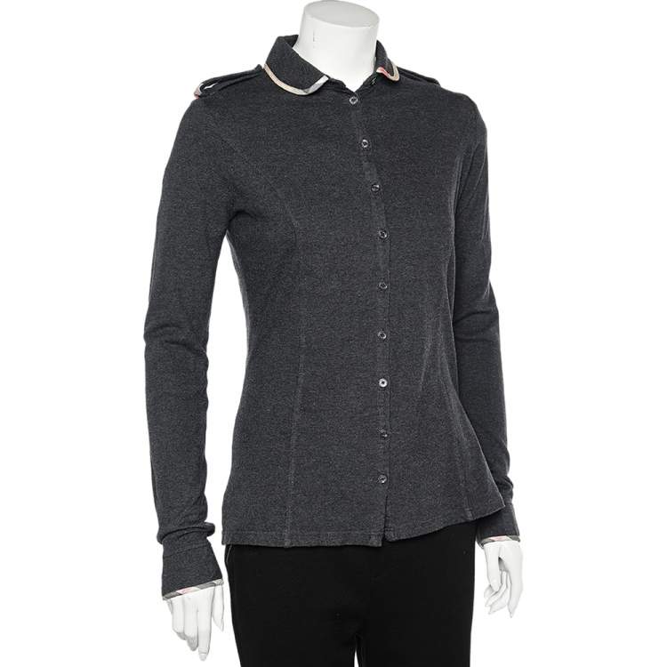 Pre Owned Burberry Grey Cotton Knit Long Sleeve Button Front Top M