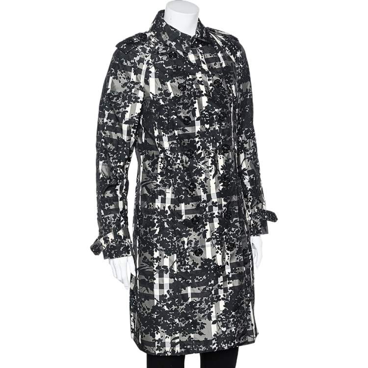 Pre Owned Burberry Grey Floral And Check Print Taffeta Fabric Coat M