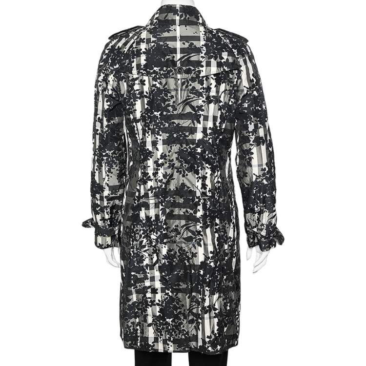 Pre Owned Burberry Grey Floral And Check Print Taffeta Fabric Coat M