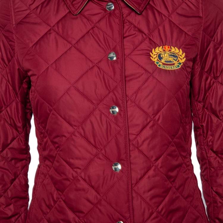 Pre Owned  Burberry Red Quilted Synthetic Crest Embroidered Button Front Jacket S 