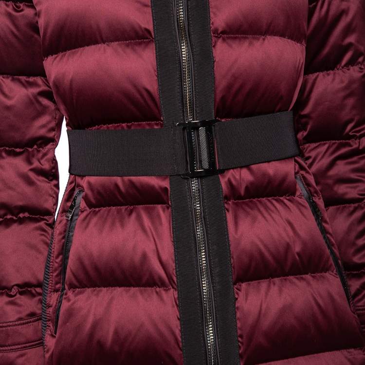 Pre Owned Burberry Burgundy Quilted Synthetic & Fur Trimmed Hooded Down Coat M