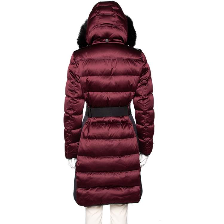 Pre Owned Burberry Burgundy Quilted Synthetic & Fur Trimmed Hooded Down Coat M