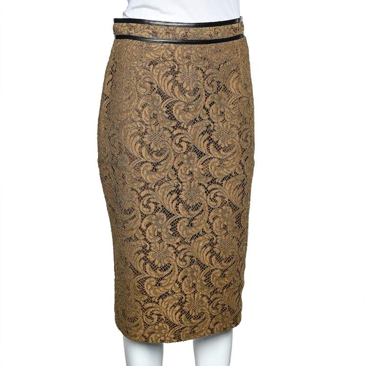 Pre Owned Burberry London Brown Floral Lace Leather Trim Detail Pencil Skirt M