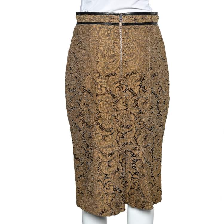 Pre Owned Burberry London Brown Floral Lace Leather Trim Detail Pencil Skirt M