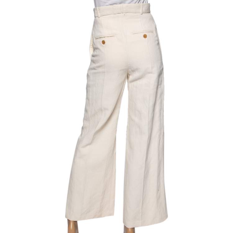 Pre Owned Burberry Cream Linen Canvas Wide Leg Stonewood Trousers XS