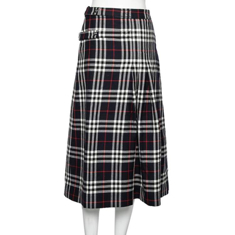 Pre Owned Burberry Navy Blue Checkered Wool Pleated Midi Wrap Skirt S