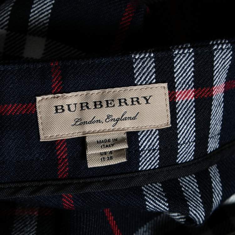 Pre Owned Burberry Navy Blue Checkered Wool Pleated Midi Wrap Skirt S
