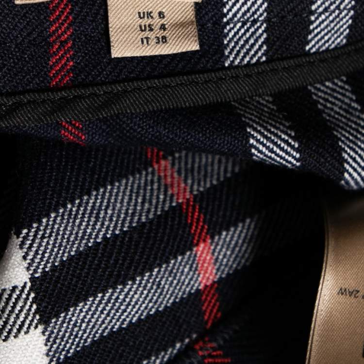 Pre Owned Burberry Navy Blue Checkered Wool Pleated Midi Wrap Skirt S