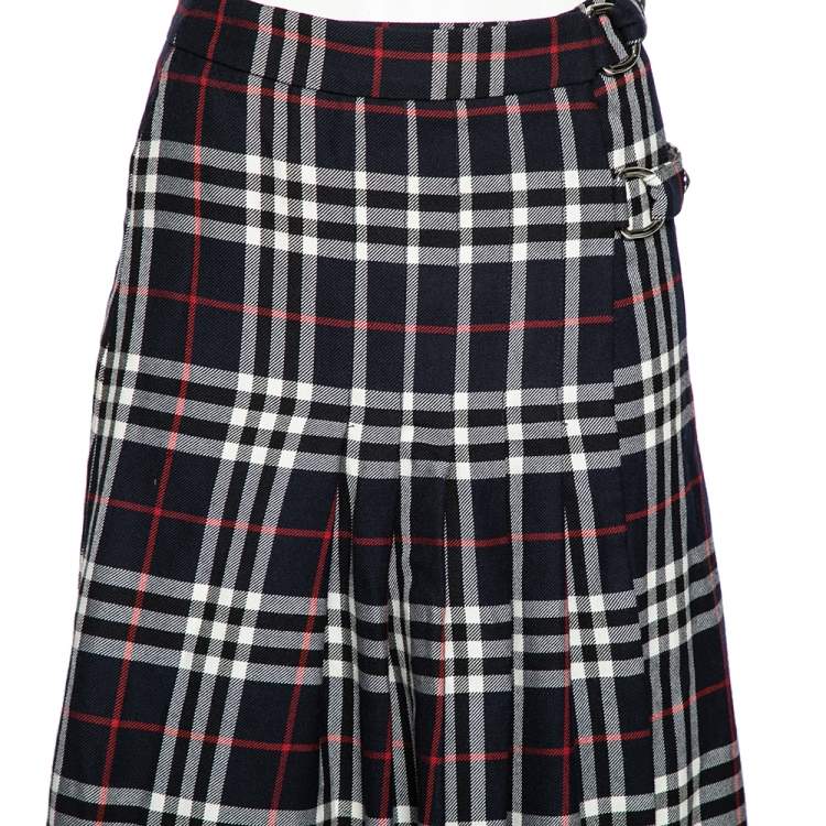 Pre Owned Burberry Navy Blue Checkered Wool Pleated Midi Wrap Skirt S