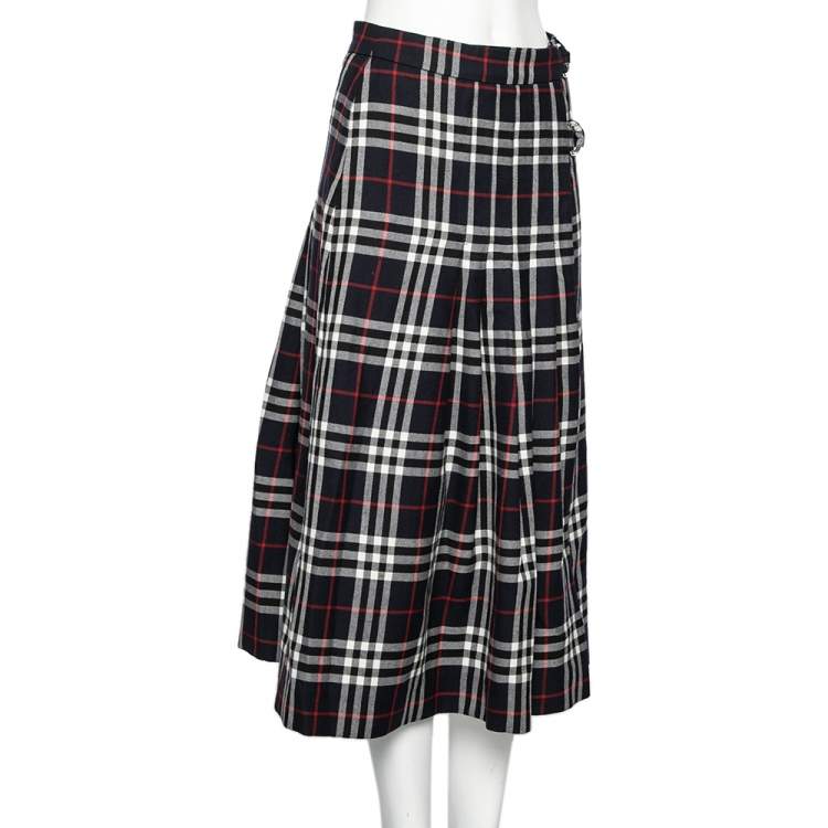Pre Owned Burberry Navy Blue Checkered Wool Pleated Midi Wrap Skirt S
