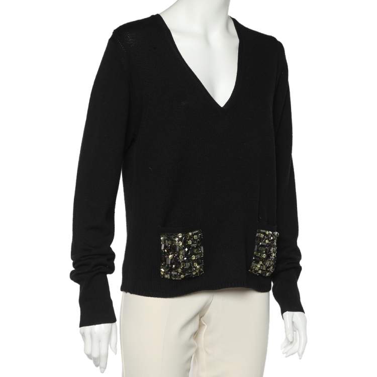 Pre Owned Burberry Black Wool Knit Embellished Pocket Detail V-Neck Sweater L