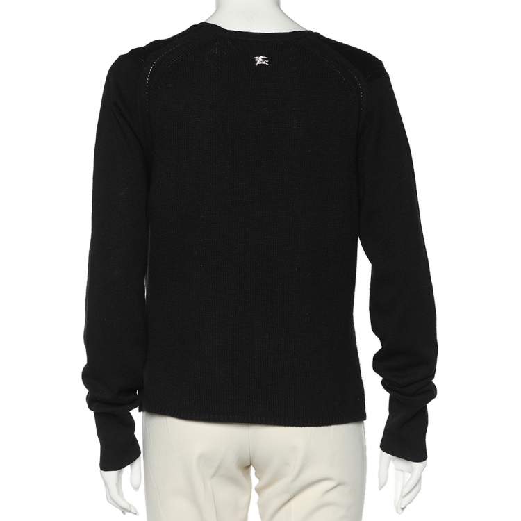 Pre Owned Burberry Black Wool Knit Embellished Pocket Detail V-Neck Sweater L