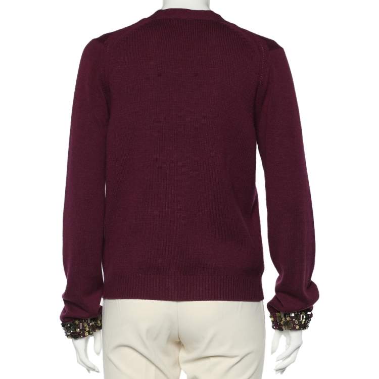 Pre Owned Burberry Magenta Wool Cashmere Blend Embellished Cuff Cardigan L