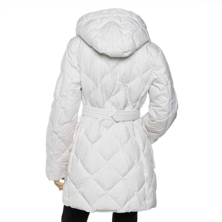 Pre Owned Burberry White Quilted Hooded Belted Zip Front Coat L