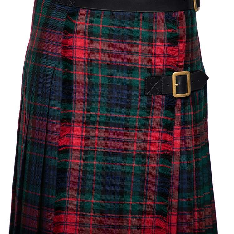 Pre Owned Burberry Multicolor Checkered Wool Buckle & Slit Detailed Pleated Skirt M