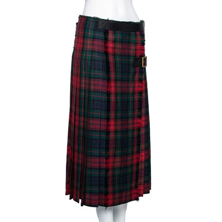 Pre Owned Burberry Multicolor Checkered Wool Buckle & Slit Detailed Pleated Skirt M