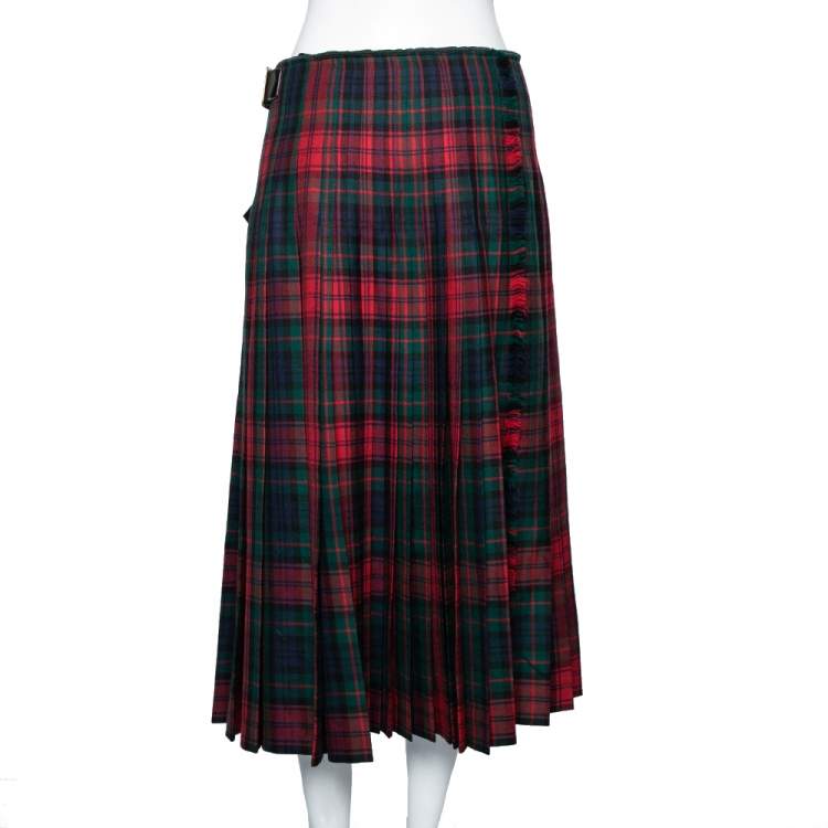 Pre Owned Burberry Multicolor Checkered Wool Buckle & Slit Detailed Pleated Skirt M