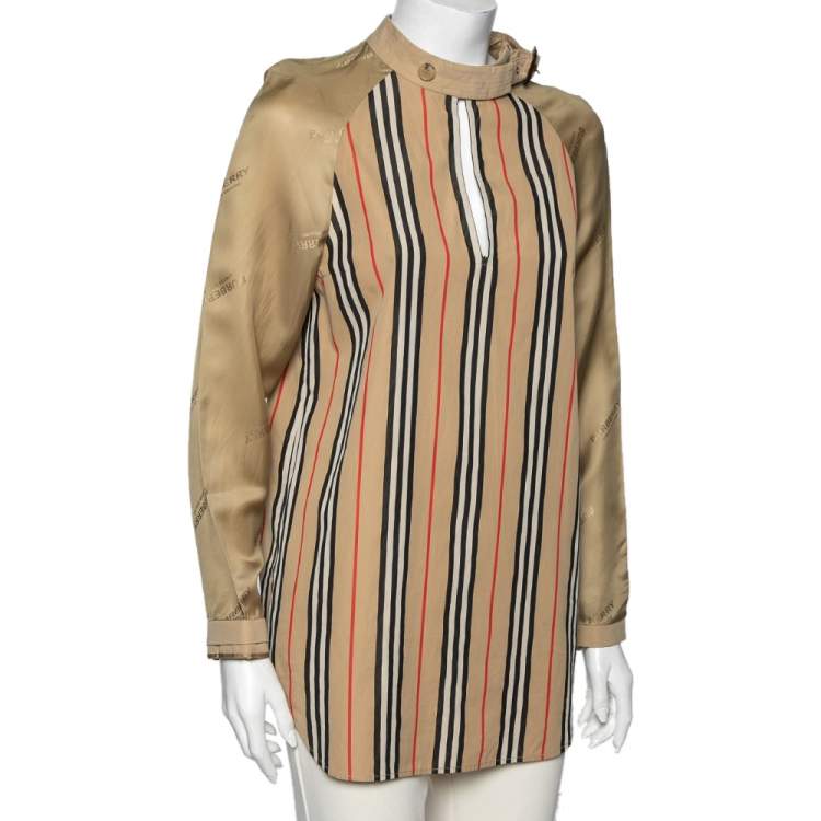 Pre Owned Burberry Beige Icon Striped Cotton & Synthetic Sleeve Tunic Top S
