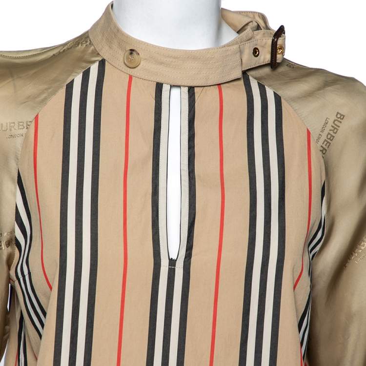 Pre Owned Burberry Beige Icon Striped Cotton & Synthetic Sleeve Tunic Top S