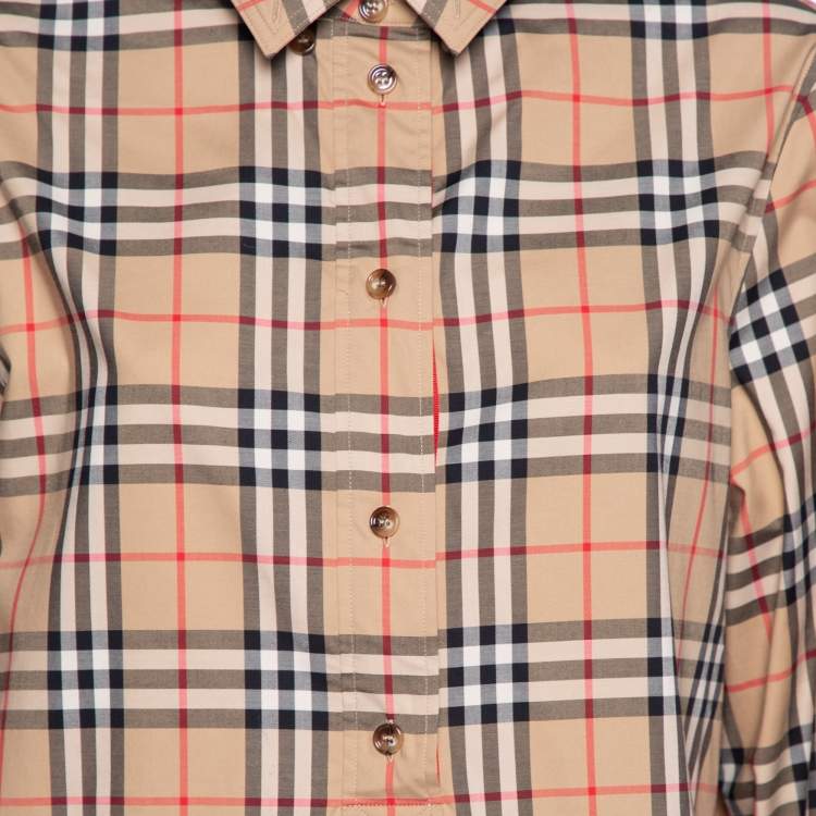 Pre Owned Burberry Beige Checkered Cotton Button Front Belted Shirt Dress XL