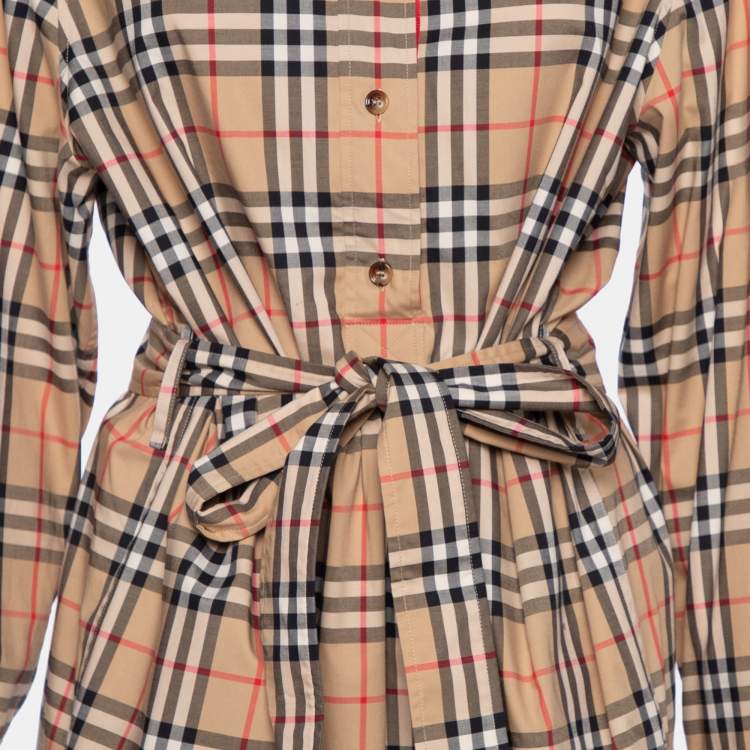 Pre Owned Burberry Beige Checkered Cotton Button Front Belted Shirt Dress XL