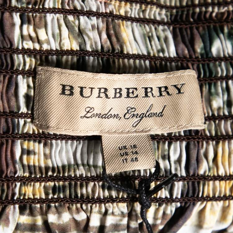 Pre Owned Burberry Umber Brown Framed Heads Printed Cotton Off Shoulder Top L