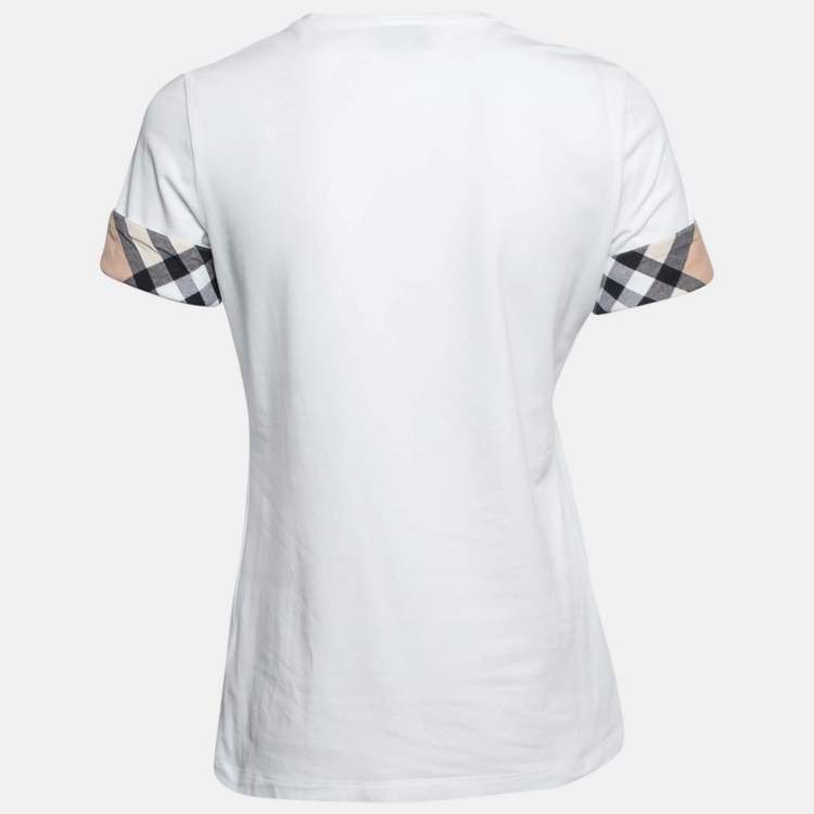 Pre Owned Burberry White Stretch Cotton Nova Check Trim Detail Short Sleeve T-Shirt M