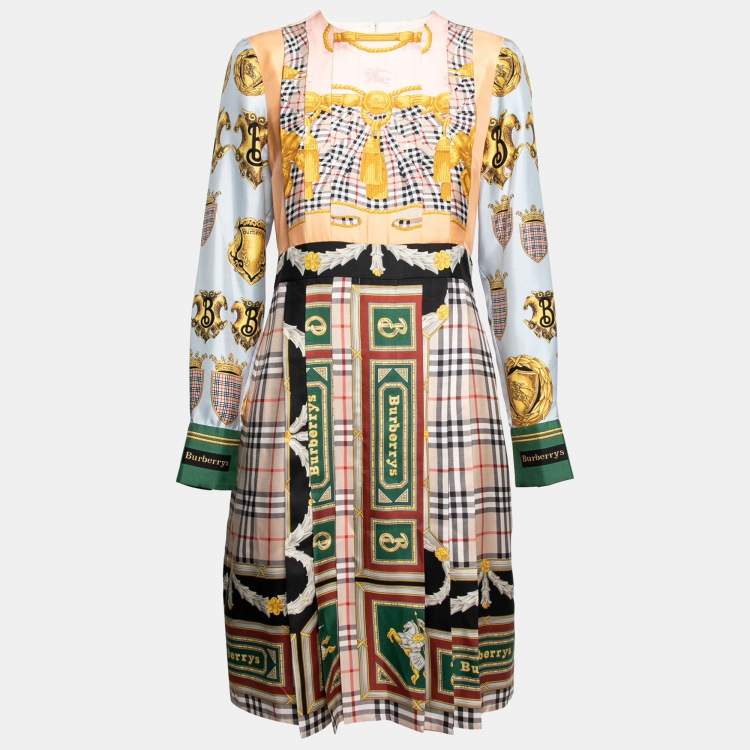 Pre Owned Burberry Multicolor Scarf Print Silk Pleated Long Sleeve Midi Dress M