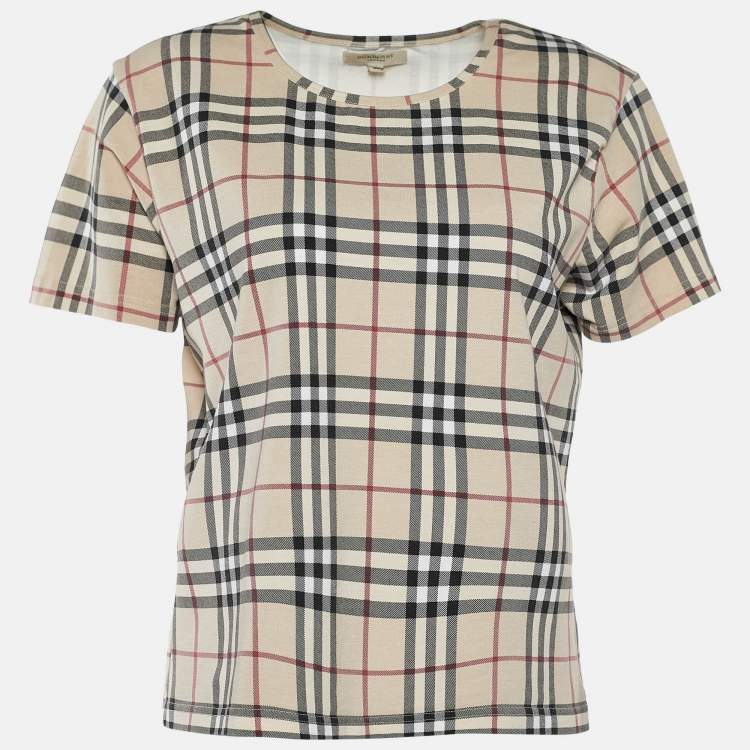 Pre Owned Burberry Beige Check Print Cotton Knit T-Shirt XL