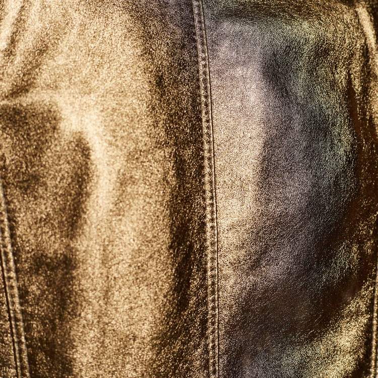 Pre Owned Burberry Metallic Gold Leather Zip Front Jacket M
