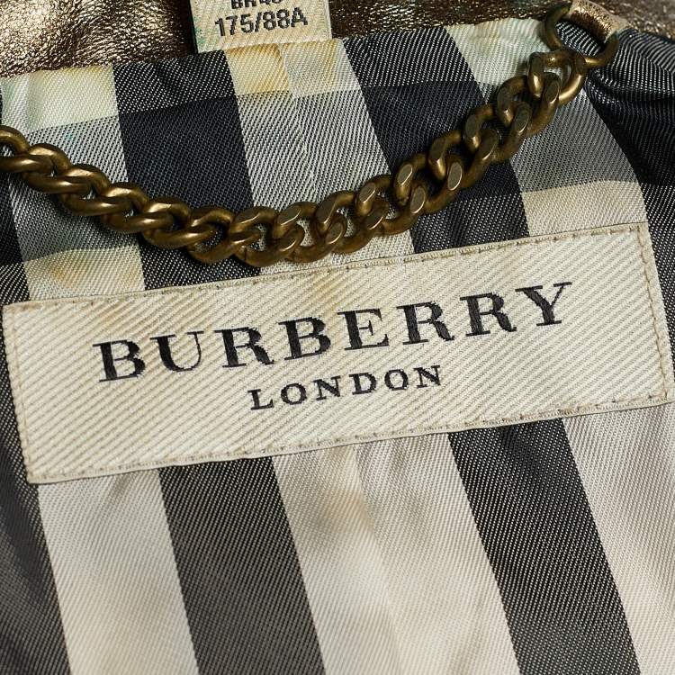 Pre Owned Burberry Metallic Gold Leather Zip Front Jacket M