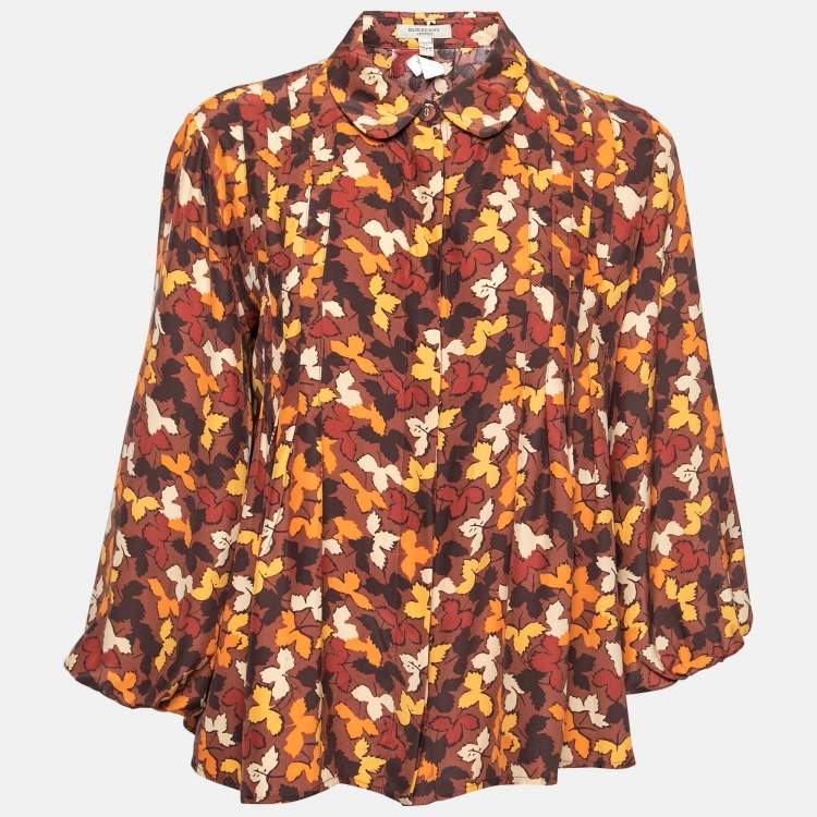 Pre Owned Burberry Brown Leaves Print Silk Button Front Blouse M