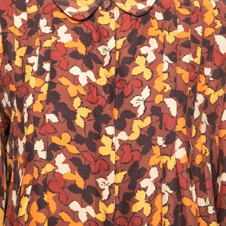 Pre Owned Burberry Brown Leaves Print Silk Button Front Blouse M