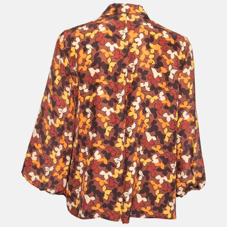 Pre Owned Burberry Brown Leaves Print Silk Button Front Blouse M