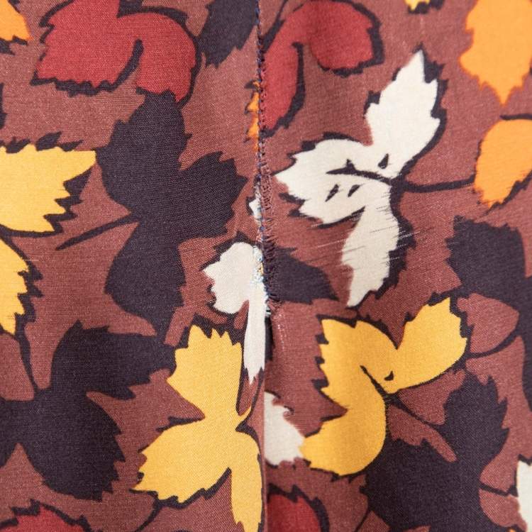Pre Owned Burberry Brown Leaves Print Silk Button Front Blouse M