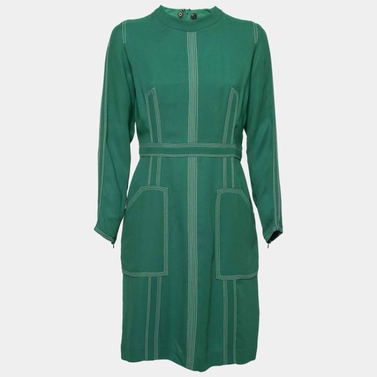 مملوكة مسبقًا Burberry Green Crepe Stitch Detail Dress L