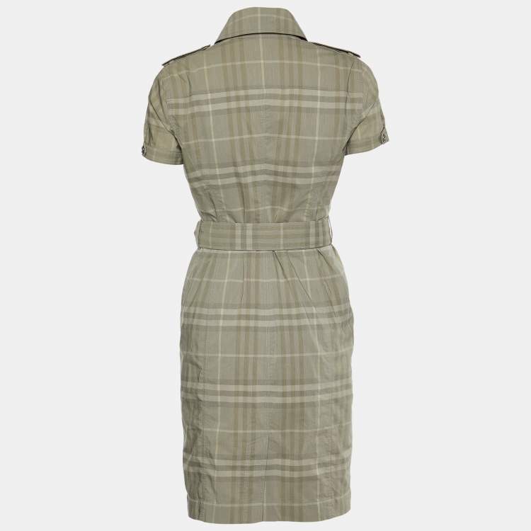 Pre Owned Burberry Grey Checked Cotton Blend Ruffled Detail Belted Shirt Dress S