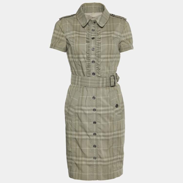 Pre Owned Burberry Grey Checked Cotton Blend Ruffled Detail Belted Shirt Dress S