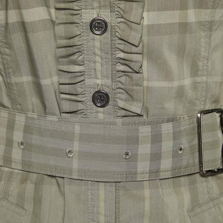 Pre Owned Burberry Grey Checked Cotton Blend Ruffled Detail Belted Shirt Dress S