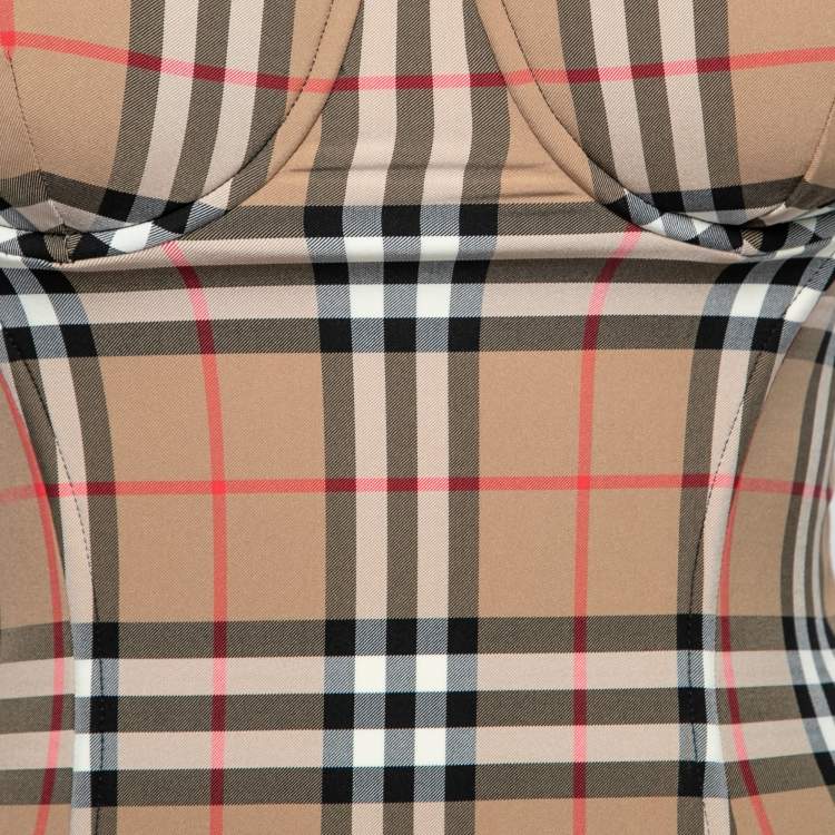 Pre Owned Burberry Beige Vintage Check Stretch Jersey Corset Mini Dress S