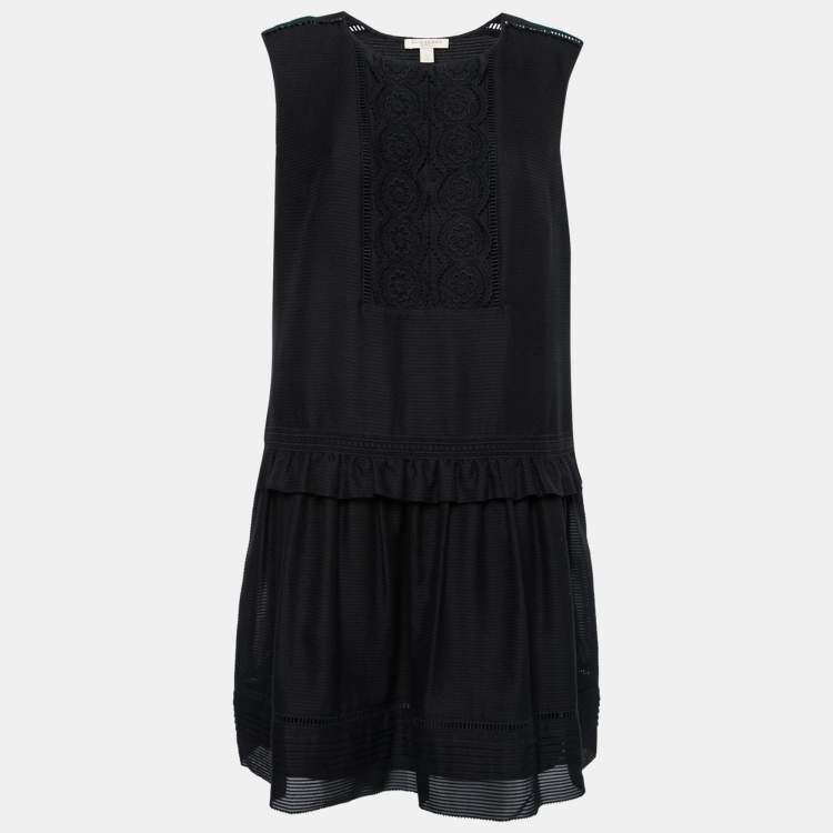 Pre Owned Burberry Black Textured Cotton Lace Trimmed Sleeveless Dress L