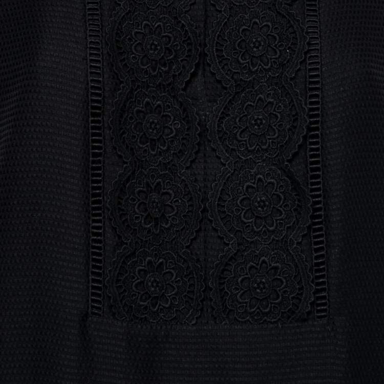 Pre Owned Burberry Black Textured Cotton Lace Trimmed Sleeveless Dress L