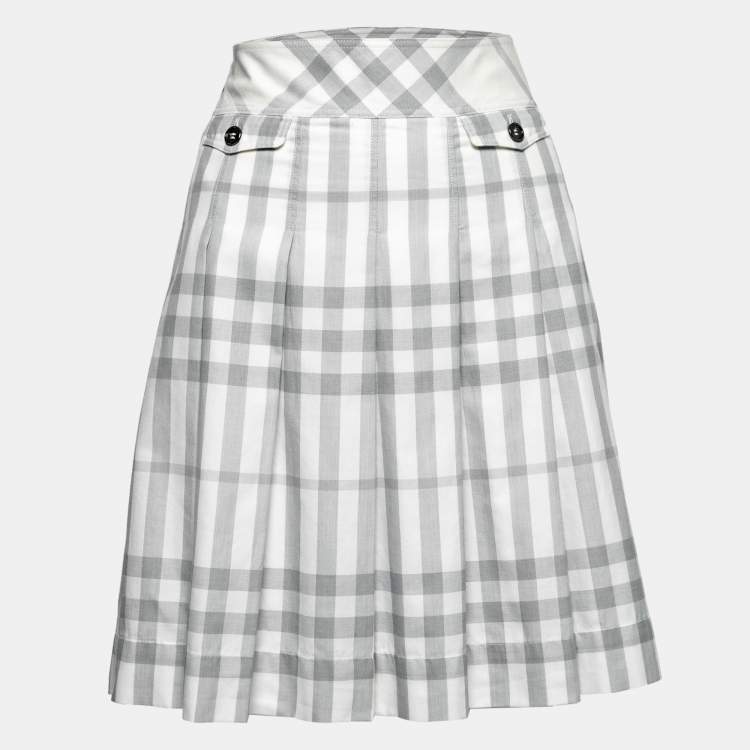 Pre Owned Burberry White & Grey Checked Cotton Pleated Mini Skirt M