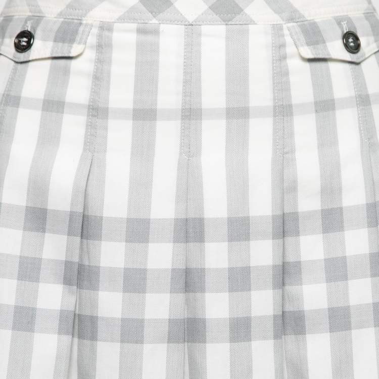 Pre Owned Burberry White & Grey Checked Cotton Pleated Mini Skirt M