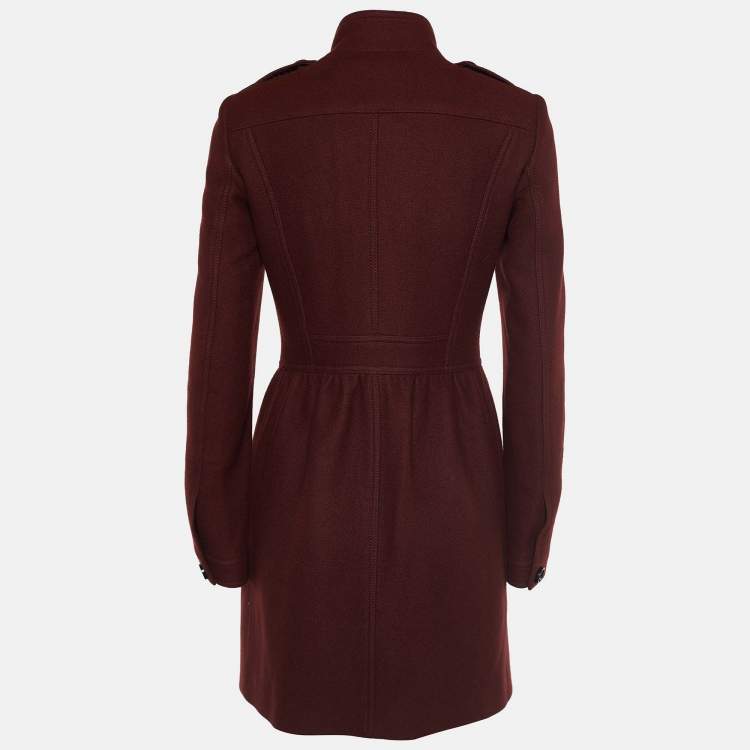Pre Owned Burberry Brit Burgundy Wool Double Breasted Peplum Coat S