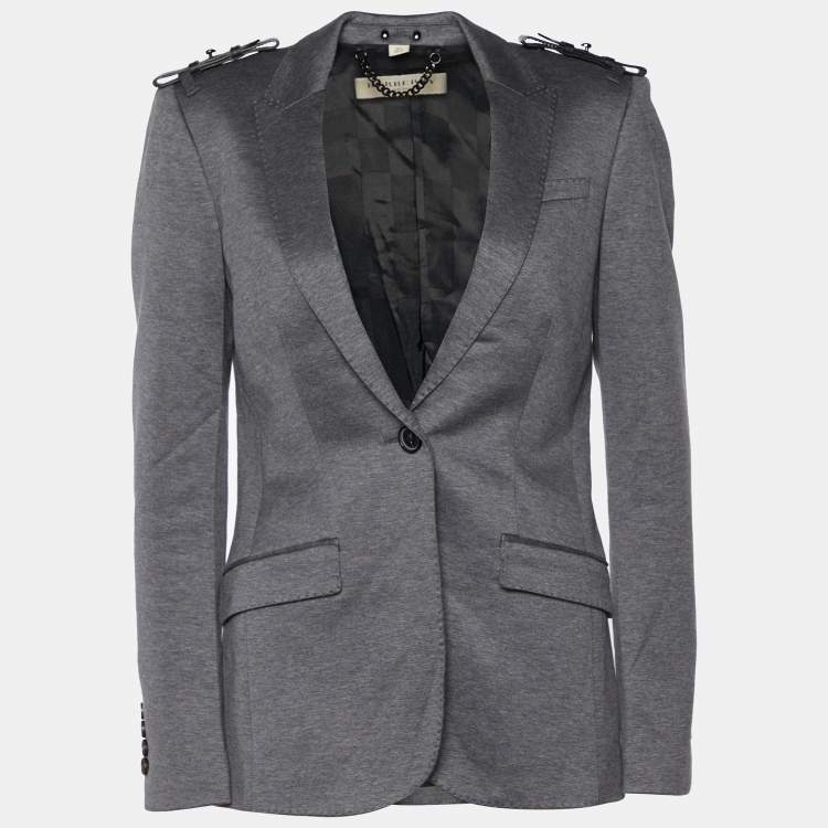Pre Owned Burberry Grey Cotton Knit Leather Trim Blazer S