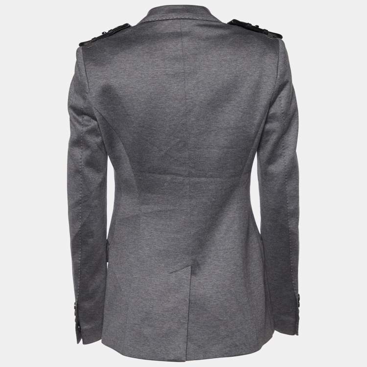 Pre Owned Burberry Grey Cotton Knit Leather Trim Blazer S